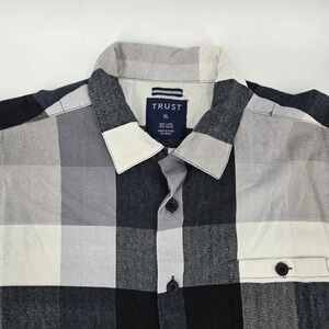 TRUST Linen Blend Shirt XL Grey Black Buffalo Plaid Short Sleeve Button Up EUC